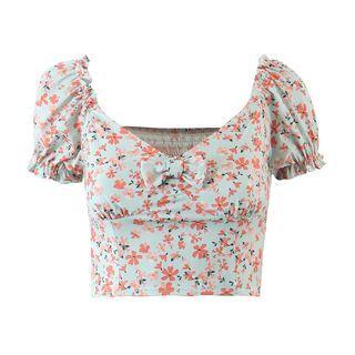 Short-sleeve Floral Print Shirred-back Crop Top