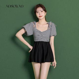 Set: Puff-sleeve Gingham Swimsuit + Swim Skirt