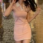 Short-sleeve Knit Mini Bodycon Polo Dress Pink - One Size