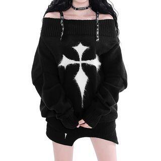 Cold-shoulder Cross Print Sweater