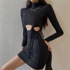 Long-sleeve Mock-neck Cutout Knit Mini Dress Black - One Size