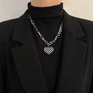 Checkerboard Heart Chain Necklace Black & White Heart - Silver - One Size
