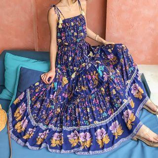 Patterned Drawstring-waist Maxi Sundress