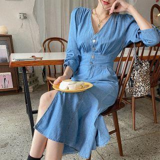 V-neck Slit-front Denim Dress Blue - One Size