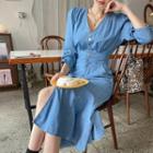 V-neck Slit-front Denim Dress Blue - One Size