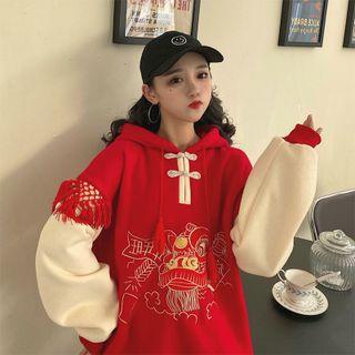 Mock Two-piece Tasseled Graphic Print Hoodie