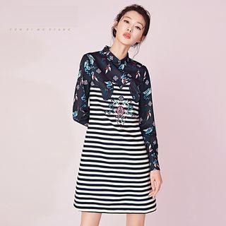 Floral Print Stripe Panel Long-sleeve Dress