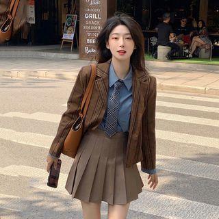Plain Shirt + Tie + Cropped Blazer + Pleated Mini Skirt