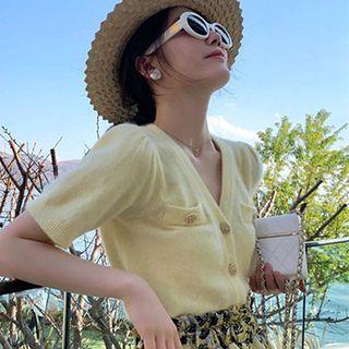 Polo V-neck Short-sleeve Plain Knit Top