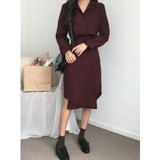 Collared Long-sleeve Half-placket Wrap-front Midi Dress
