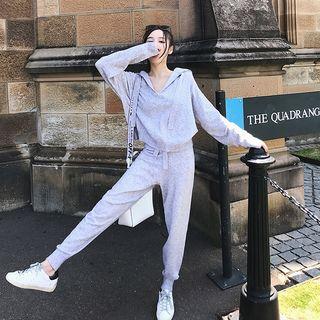 Set: Hooded V-neck Long-sleeve T-shirt + Drawstring Cropped Harem Pants
