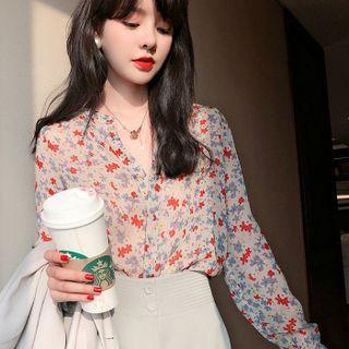 Long-sleeve V-neck Floral Chiffon Blouse