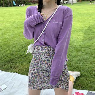 Plain Cardigan / Flower Print Mini Straight-fit Skirt