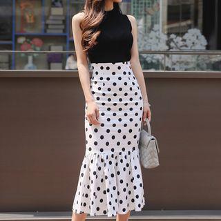 Set: Mock-neck Tank Top + Dotted Midi Pencil Skirt