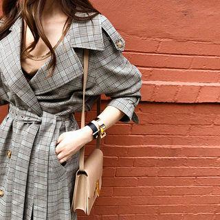 Glen-plaid Long Trench Coat With Belt