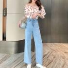 Strawberry Print Cold Shoulder Elbow-sleeve Chiffon Blouse / Cropped Wide-leg Jeans