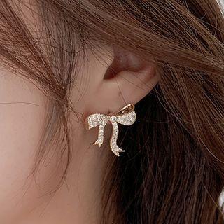 Bow Rhinestone Earring 1 Pair - 925 Silver Needle - Gold - One Size