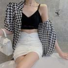 Short-sleeve Houndstooth Shirt / Cropped Camisole / Ruched Mini Fitted Skirt