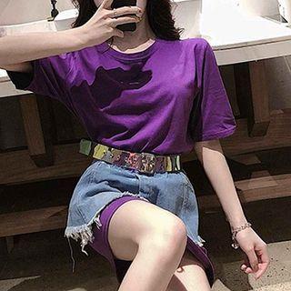 Set: Elbow-sleeve T-shirt Dress + Frayed Hem Mini Denim Skirt