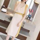 Sleeveless V-neck Two-tone Slit Dress With Belt
