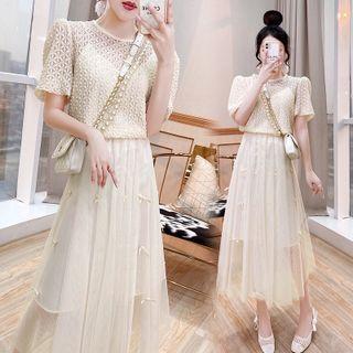 Set: Short-sleeve Blouse + Camisole Top + Mesh Midi A-line Skirt