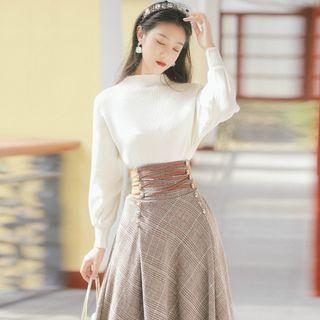 Set: Mock-neck Sweater + Lace-up Paid Maxi A-line Skirt