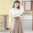 Set: Mock-neck Sweater + Lace-up Paid Maxi A-line Skirt