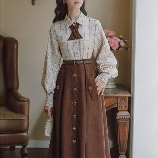 Set: Plaid Shirt + High Waist Midi A-line Skirt