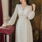 Long-sleeve Floral V-neck Midi A-line Dress