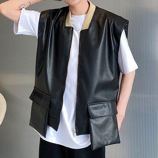 Pocket Detail Faux Leather Vest