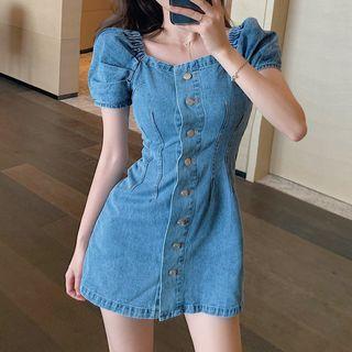 Short-sleeve Denim Button-up Mini Sheath Dress