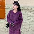 Long-sleeve Furry Sweater / High-waist Floral Printed Skirt