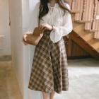 Lace-up Blouse / High Waist Plaid A-line Skirt