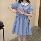 Peter Pan Collar Floral Puff-sleeve Dress Blue - One Size