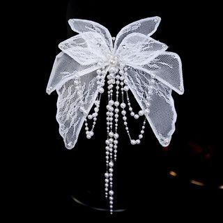 Bow Lace Faux Pearl Fringed Hair Clip White - One Size