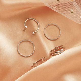 Set Of 5: Rhinestone Ring + Open Ring + Layered Ring Set Of 5 - 01 - Silver - One Size