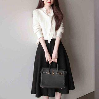 Set: Tie-neck Sweater + Midi A-line Skirt