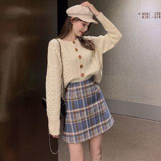 Set: Cable Knit Cardigan + Plaid Mini A-line Skirt