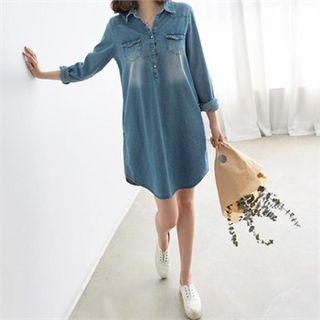 Long-sleeve Dual-pocket Denim Shirt Dress