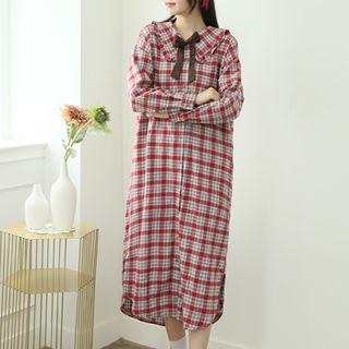 Wide-collar Long Plaid Shirtdress