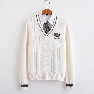 Cartoon Embroidered Contrast Trim V-neck Sweater