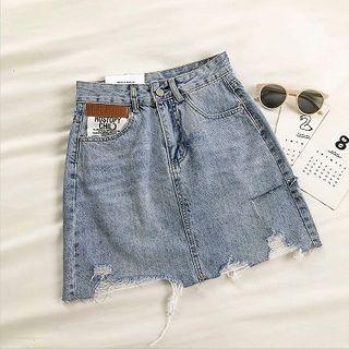 Distressed Frayed High-waist Denim A-line Skirt