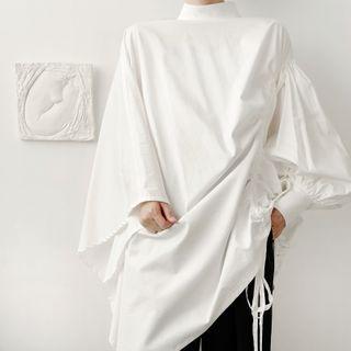 Turtle-neck Drawstring Asymmetric Long-sleeve Shirt White - One Size