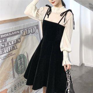 Balloon-sleeve Top / Shoulder Tie A-line Velvet Dress