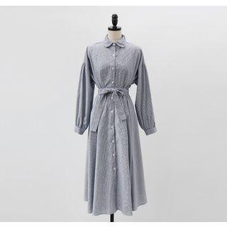 Tie-waist Stripe Long Shirtdress