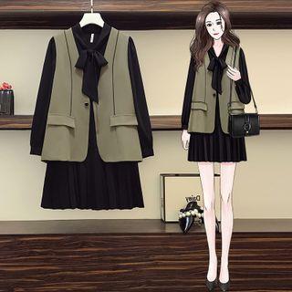 Tie-neck Puff-sleeve A-line Dress / Button-up Vest / Set
