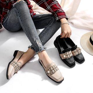 Faux Pearl Buckled Tweed Loafers