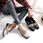 Faux Pearl Buckled Tweed Loafers