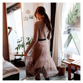 Set: Mock-neck Rib-knit Dress + Tulle Skirt