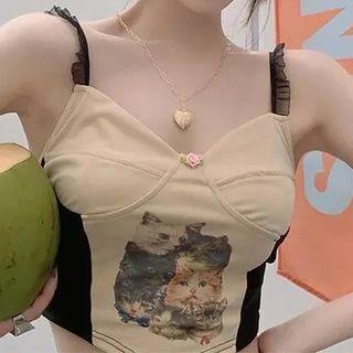 Cat Print Mesh Ruffle Camisole Top